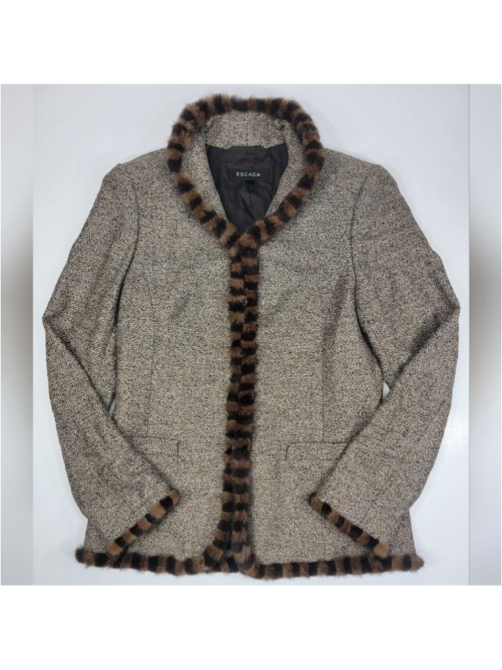 Escada Wool Alpaca Blend Jacket Mink Fur Trim Brown Tweed Size 36 - US 6 - Small